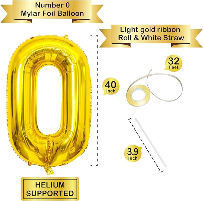 40 Inch Gold Number Balloons, Helium Mylar Foil Number Balloons for Birthday, Number 0 Balloon for Birthday Decorations for Kids, Anniversary Party Decorations Supplies