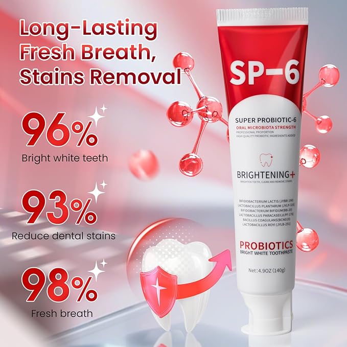 SP-6 Probiotic Whitening Toothpaste, SP-6 Probiotic Toothpaste, Enhanced Formula with 6 Probiotics for Teeth Whitening/Brightening, Enamel-Safe, Fluoride-Free, Fresh Mint Flavor, 4.9oz, 2Pack