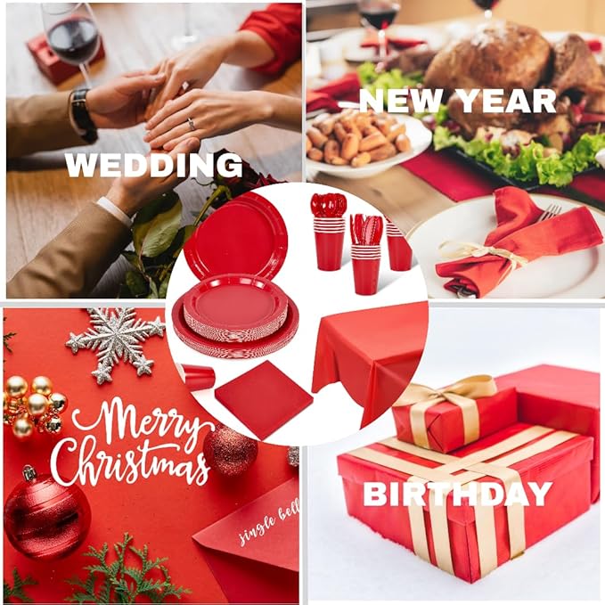 Ottin 169PCS Red Christmas Party Supplies for 24 Guests – Disposable Paper Plates, Napkins, Cups, Forks, Knives, Spoons & Tablecloth for Birthday, Wedding, Thanksgiving, Christmas, and New Year