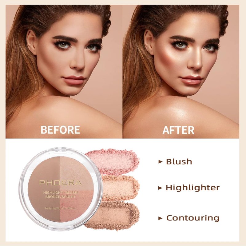 PHOERA Contour Palette,Shades with Highlighter & Bronzer & Blush,Non-greasy and Waterproof Contouring Makeup,Easy to Sculpt the Face with Lightweight Makeup (#004)