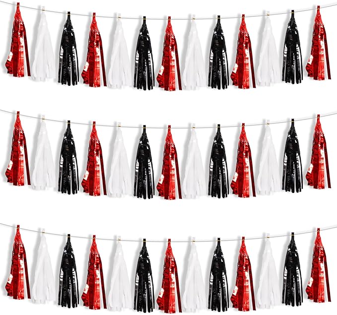BEISHIDA 3 Packs Red Black White Metallic Foil Fringe Tassel Garland, Tassels Banner Streamers for Car Floats Bridal/Baby Shower Birthday Wedding Halloween Christmas Holiday Party Decoration