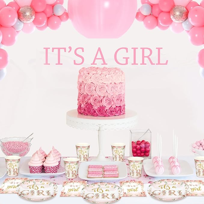 200 Pcs Floral Baby Shower Paper Plates Napkins Cups Baby Shower Party Supplies Tableware Set Rose Gold Disposable Cup Napkin for 50 Guest Girls Spring Party Decoration