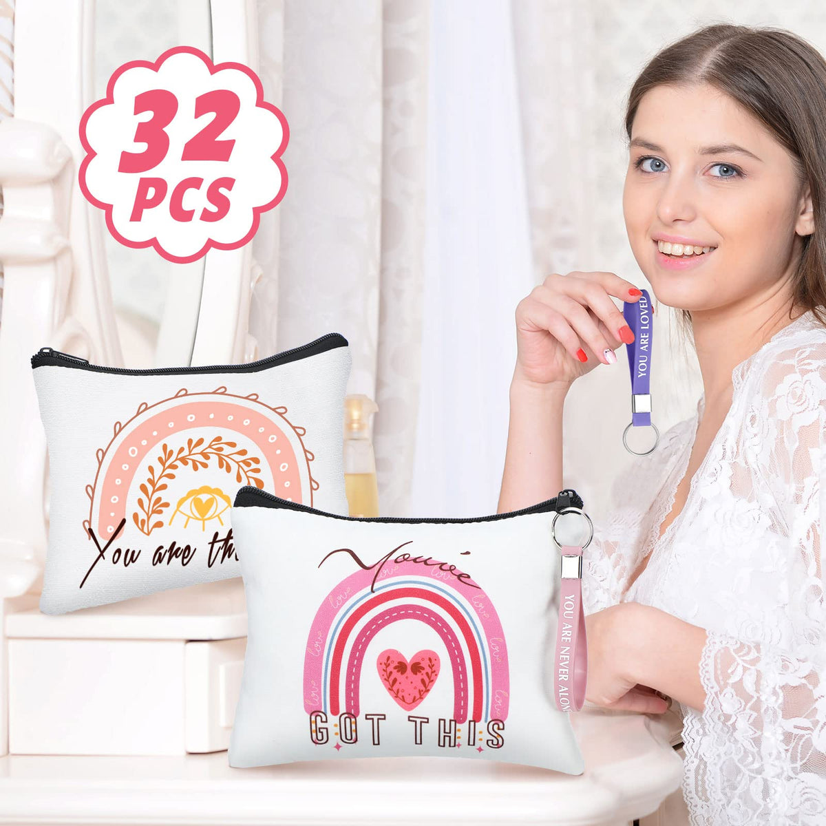 Hillban 32 Pcs Back to School Canvas Cosmetic Makeup Bag Bulk for Women Inspirational Gifts for Teacher Pencil Pouch Travel Toiletry Makeup Bag with Keychain for Mom Appreciation Gift(Rainbow)