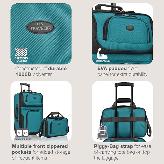 U.S. Traveler Rio Lightweight Softside Rolling Carry-on Suitcase, 2-Wheel Set, Teal