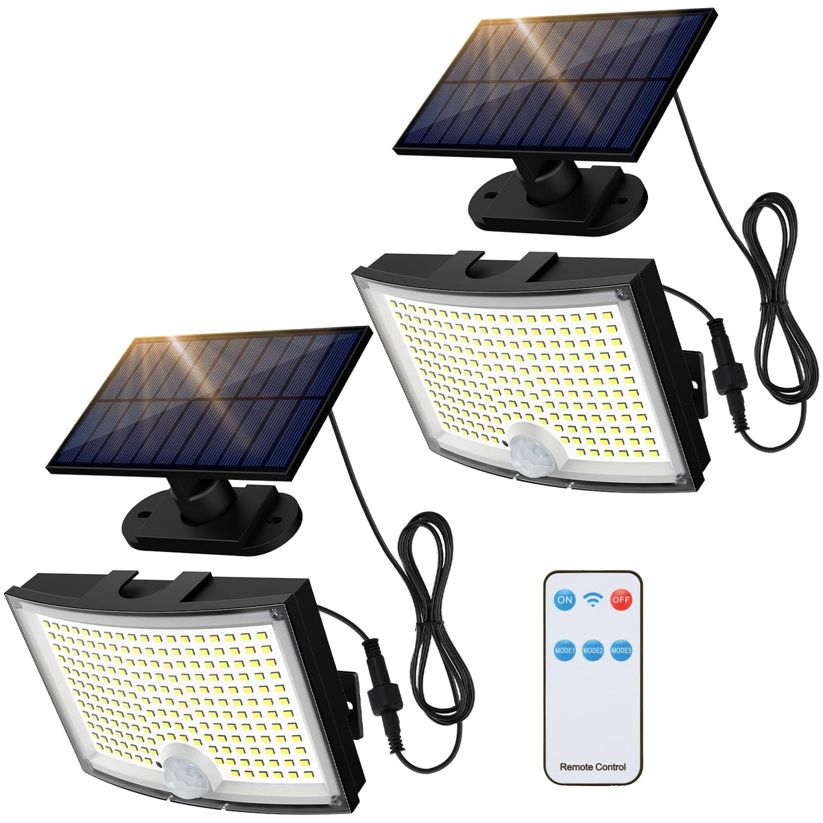 Adiding Solar Outdoor Lights, 202 LEDs Flood Lights with 16.4 ft Cable, Remote Control Solar Motion Sensor Outdoor Lights, 3 Modes Solar Powered Security Lights for Outside Patio, Yard, Garage, 2 Pack