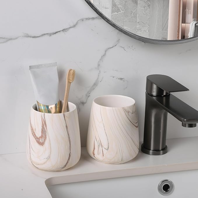 2Pcs Toothbrush Holder for Bathroom - Marble Brown Ceramic Tooth Brushing Holders Set, Toothbrush Cup & Toothpaste Organizer for Bathroom Countertop, Makeup Brush Holder, Pen Holder for Home Storage