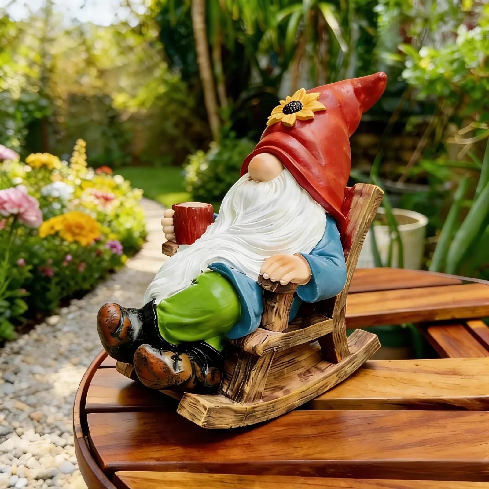 Somdzono Garden Gnomes Outdoor, Funny Coffee-Drinking Gnome Statue for Yard Lawn Decor, Gifts for Mom Grandma Women
