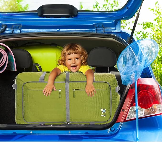 Bago Large Foldable Duffel Bags for Traveling Women & Men - 100L Packable Duffle Bag for Travel with Shoe Compartment - Water Repellant, Heavy Duty, Lightweight Folding & Collapsible (Green)