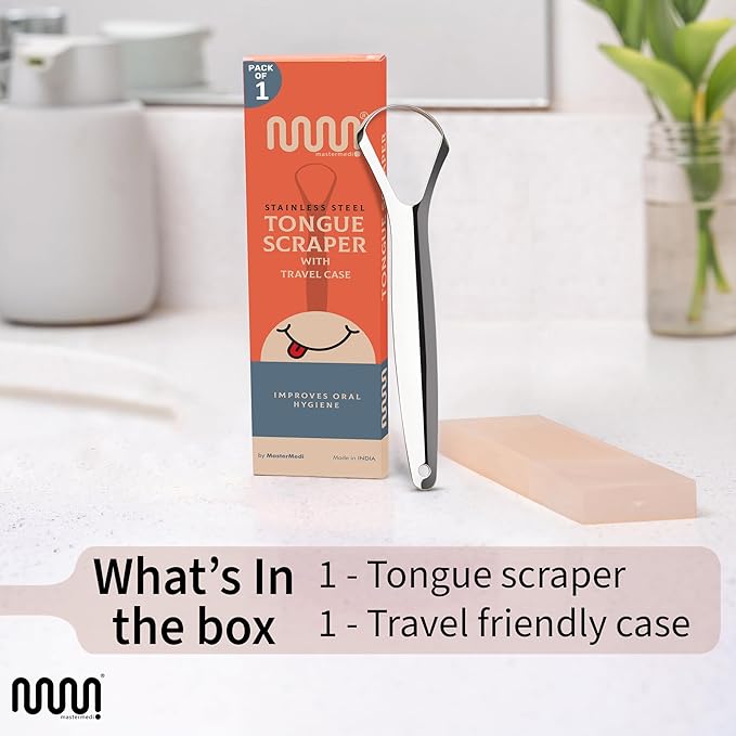 MasterMedi Tongue Scraper for Adults, 100% Stainless Steel Tongue Scrubber for Bad Breath, Easy to Use, Tongue Cleaner for Oral Care & Hygiene (SPTC-1|with Case)