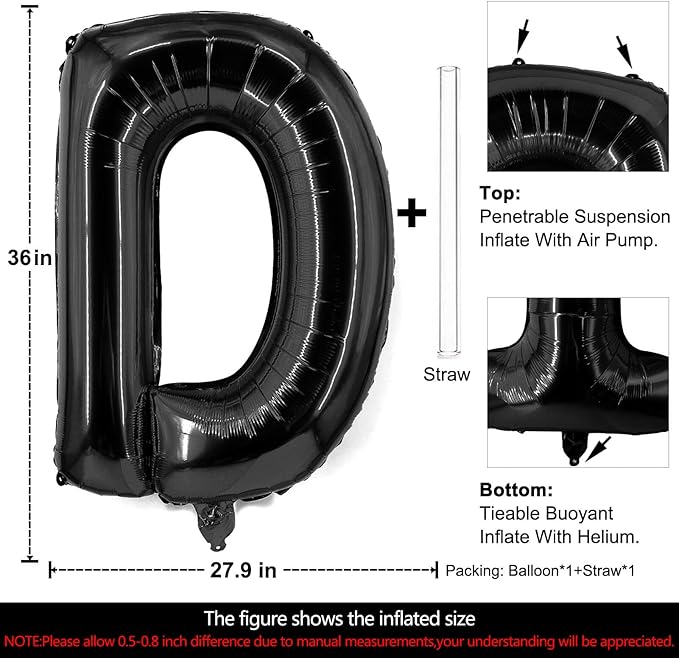 Lovoir 40 Inch Large Black Letter D Balloons Big Size Jumbo Mylar Foil Helium Balloon for Birthday Party Celebration Decorations Alphabet Black D