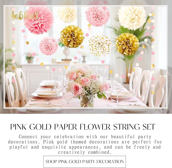 AOBKIAT Wedding Baby Shower Decorations Set,15PCS Pink Gold Tissue Paper Pom Poms,Circle Dots Colorful Paper Garland String Hanging Backdrop for Birthday Party,Gender Reveal Celebration Decor