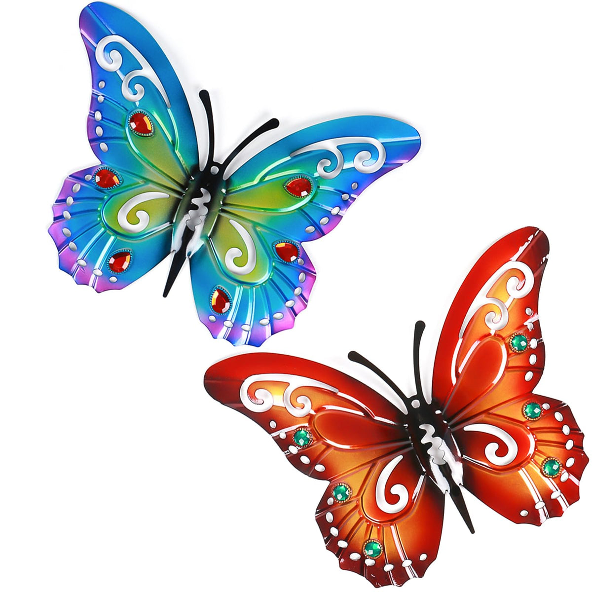 Akulgaci 2 Pack Butterfly Decorations, 14.5" Large Metal Butterflies Fence Garden Yard Art Wall Decor for Outdoor Patio Balcony Tree Front Porch, Vibrant Colors Blue Red