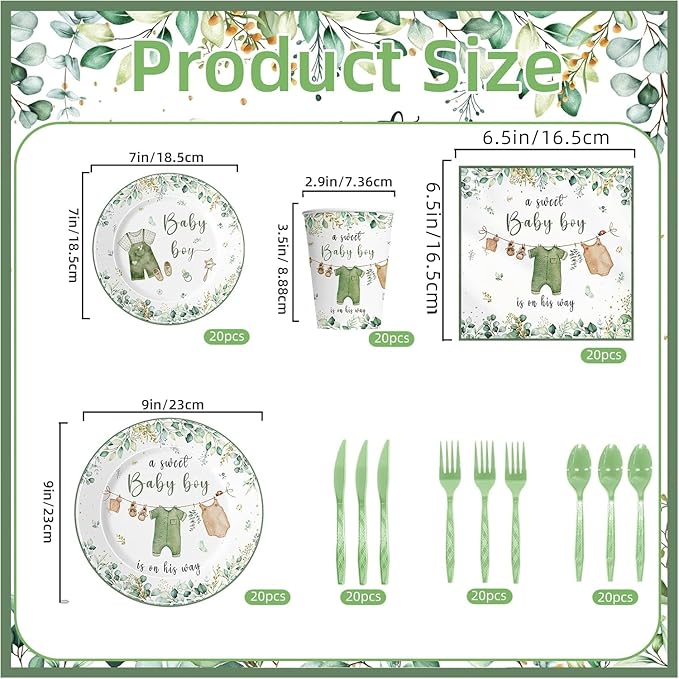 140PCS Greenery Gender Reveal Baby Shower Plates and Napkins Supplies, Boho Greency Party Decorations Tableware Set Dessert Plates Napkins Forks for 20 Guests (Green)