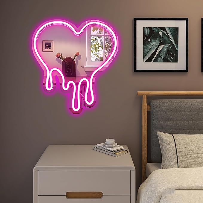Heart Mirror Neon Sign Heart Neon Wall Art Sign for Wall Decor LED Neon Mirror Light Sign for Girls Room Bedroom Wedding Birthday Party