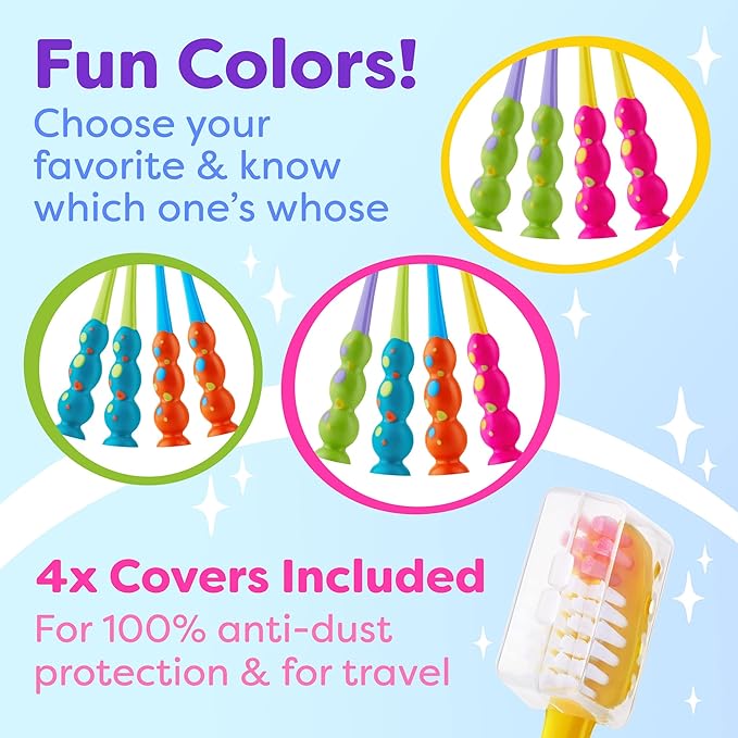 Kids Toothbrush 4 Pack - Soft Bristles with Suction Cup - Toothbrush Kids, Child Sized Brush Heads, 3-10 Year Old Kid Toothbrush with Easy Storage - Toddler, Girl and Boy Set (4-Pack, Multi-Color)