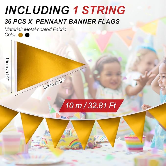 PATIKIL Pennant Banner Flags 33 Ft, 36 Pcs Colorful Triangle Banners Party Banner Bunting Garland String for Graduation Birthday Wedding Outdoor Decoration, Glitters Black/Gold