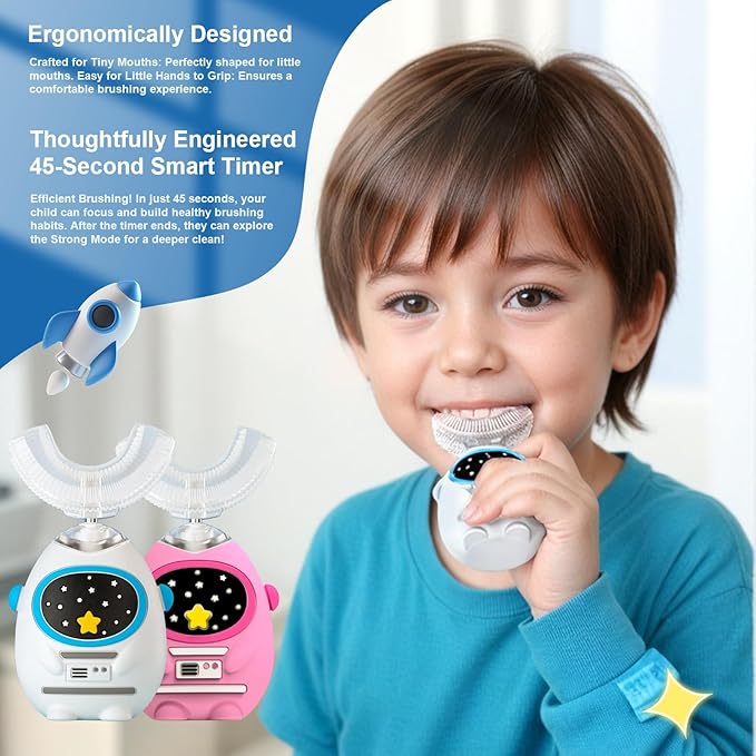 Kids U Shaped Electric Toothbrush with Music, 3 Modes, Voice Teaching, Mouthpiece Cleaning, Soft Bristle, Type-C Charging, Ages 3-12 Boys & Girls (Heroic White)
