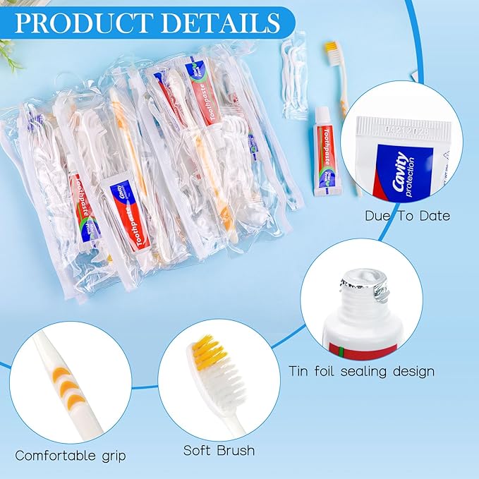 HOIQIRY Disposable Toothbrushes with Toothpaste Set - Pack of 50,Individually Wrapped Personal Hygiene Kits in Bulk 5-in-1 Travel Size Convenience Kits for Hotel,Camping,Guest,Homeless,Charity,Church
