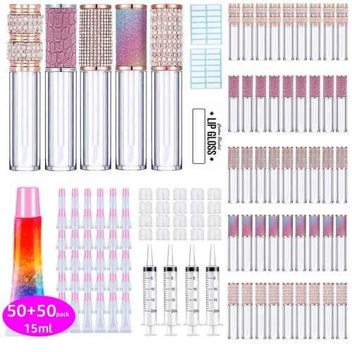 AMORIX 15ml Pink Cap Lip Gloss Tubes + 50pcs Lip Gloss Tubes with Wand