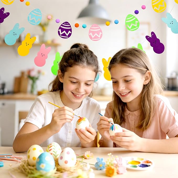 4 Pack Easter Bunny Eggs Pom Pom Garlands Decoration, Colorful Felt Rabbit Hanging Banner Decor Garland Ornaments for Easter Day Home Decor Outdoor Party Hanging Supplies