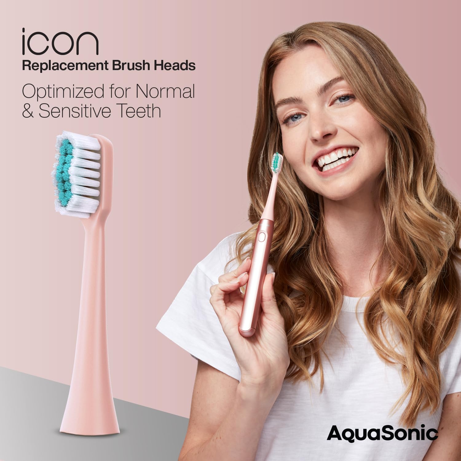 AquaSonic Genuine Icon Replacement Brush Heads | ADA Accepted | Compatible with AquaSonic Icon Toothbrush | 6 Brush Heads | for Normal & Sensitive Teeth (Light Pink)