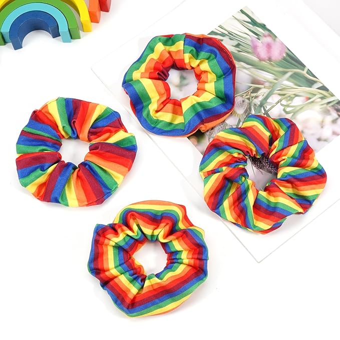 Rainbow Hair Scrunchies Elastic Pride Hair Ties for Women Girls Colorful Striped Hair Tie Rainbow Ponytail Holder Cute Hair Ring Hair Accessories