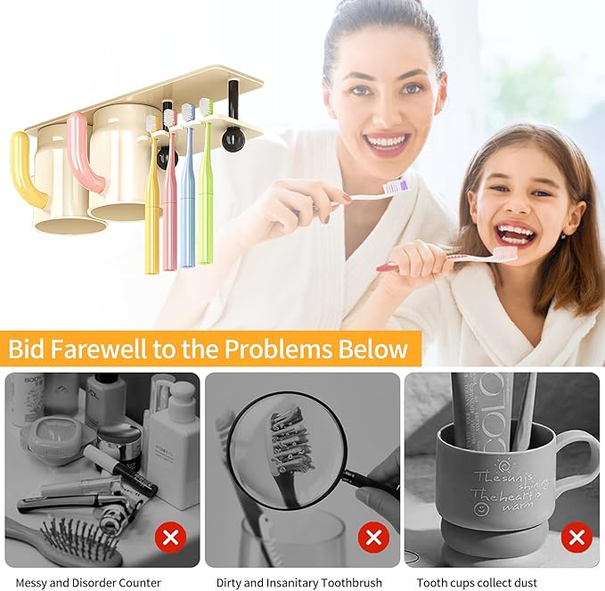 Inverted Magnetic Toothbrush Holder for Bathroom, Upside Down Toothbrush Cup Holder, with 2/3 Toothbrush Cups, No-Drill, Under-Cabinet Space-Saving, not Include Toothbrush (Three Cup)