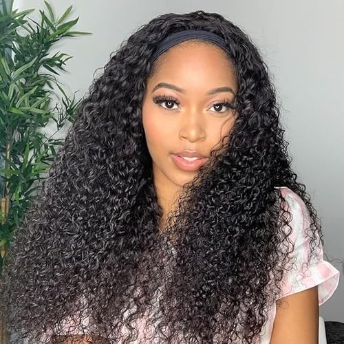 XSY Headband Wig Human Hair for Black Women Kinky Curly Headband Wig Glueless Brazilian Hair None Lace Front Wigs 150% Density Half Wigs Natural Colour 150% Density (22inch)