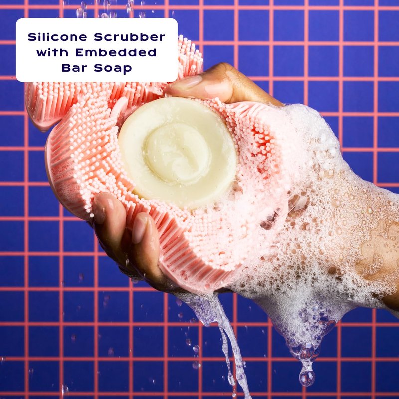 Smoosh® Body Scrubber, Black & 2-Count Bar Soap, Amber Santal - Silicone Body Scrubber with Embedded Bar Soap for Shower Exfoliation and Cleansing