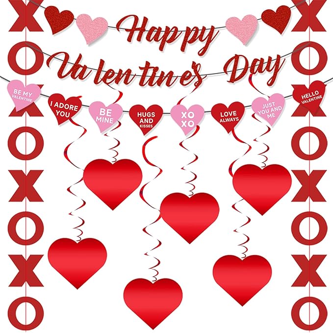 Valentines Day Decorations Set for Party, Happy Valentines Banner, XO Garlands, Hanging Swirls Heart Decor for Home Wedding Anniversary Party Supplies (Valentines)