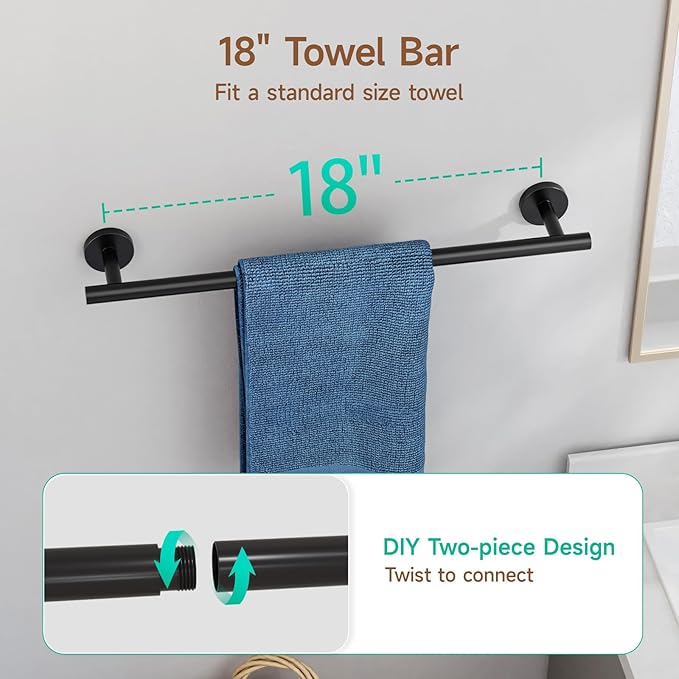 USHOWER Matte Black Bathroom Hardware Set, Modern 18-Inch Towel Bar Set Wall Mounted, Durable SUS304 Stainless Steel Bathroom Accessories Set, 4-Piece