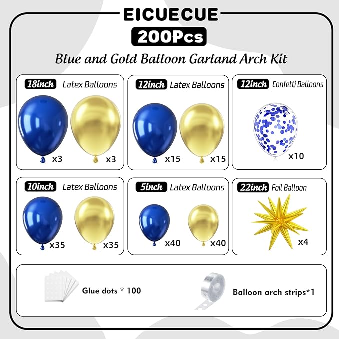 Navy Blue and Gold Balloons Garland Arch Kit with Stars 200Pcs -5 10 12 18 22 inch Balloon and Confetti Latex Balloons for 2025 Graduation Birthday Anniversary New Year Prom Party Decorations