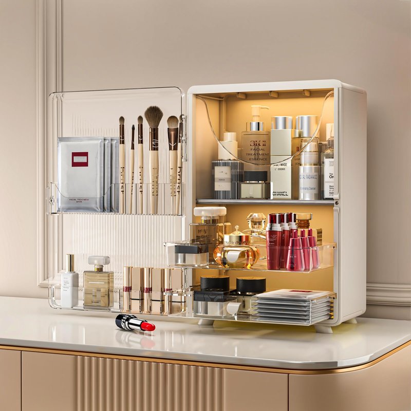MORNITE Makeup Organizer with Drawers for Vanity & Bathroom, Cosmetic Storage Cabinet for Skincare, Beauty, Brushes, Perfume. Large Countertop Display Case with Cover Lid, Cream White