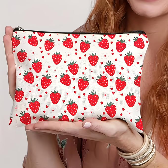 GRITOSE Cute Makeup Bag Strawberry Cosmetic Bag Summer Workday Toiletry Bags Accessories for Women Girls Friends Sisters Coworkers,Aesthetic Makeup Pouch with Zipper