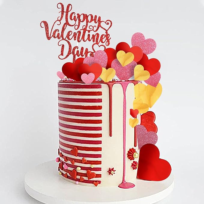 DRWATE 33pcs Happy Valentine's Day Cake Toppers with Red Heart Decorations for Valentine's Day Party Supplies (Red)