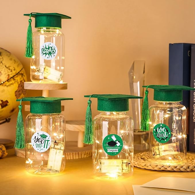 Boao 16 Sets Graduation Table Decoration Set with LED Light up Graduation Decorations for Class of 2026, Grad Jar, Felt Grad Hat and Stickers for High School College(Green,Vivid)