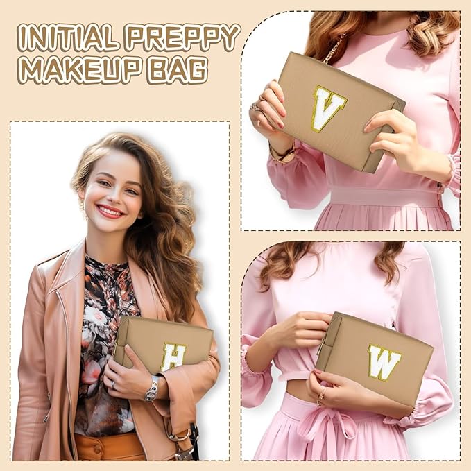TOPEAST Initial Cosmetic Bag for Women, Preppy Small Makeup Bag, PU Leather Waterproof Toiletry Bag, Monogrammed Birthday Gifts for Women, Stuff for girls (Khaki S)