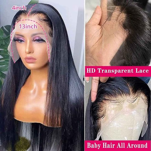 VGIRL Glueless 13x4 HD Lace Front Wigs Human Hair Pre Plucked with Baby Hair 180 Density 10A Straight Transparent Lace Frontal Human Hair Wigs for Black Women Bleached Knots (18 inch, Natural Color)