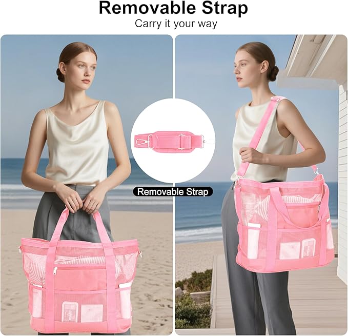 Mesh Beach Bags for Family - Women Beach Tote Bag for Toys, Towels, Travel Vacation Cruise Essentials