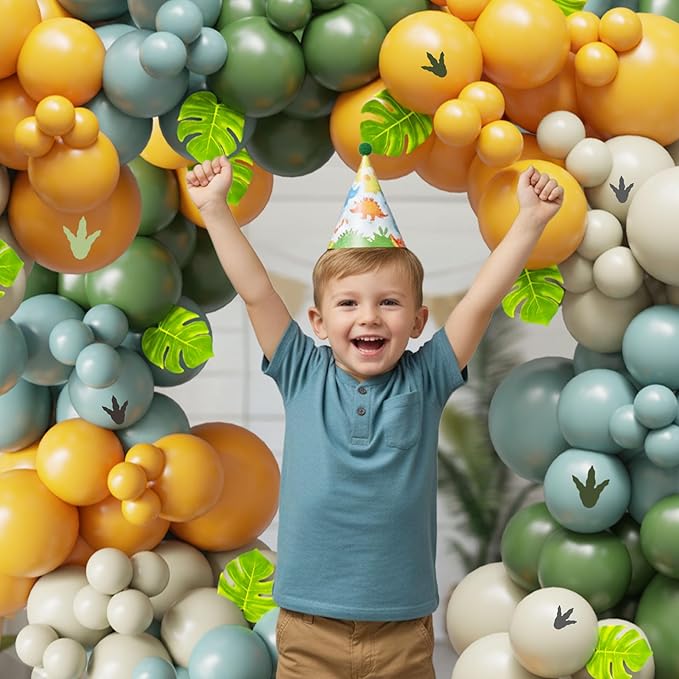 Dinosaur Balloon Arch Kit, 144pcs Dusty Blue, Sage Green & Yellow Latex Balloons with Footprint Stickers, Monstera Leaves for Boy's Three Rex Birthday, Baby Shower