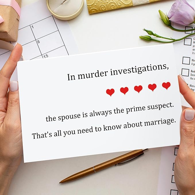 Funny Wedding Card for Bride Groom to Be, Humorous Engagement Card for Couple, Snarky Wedding Shower Card for Women Men, Bridal Shower Card for Him Her, The Spouse Is Always the Prime Suspect