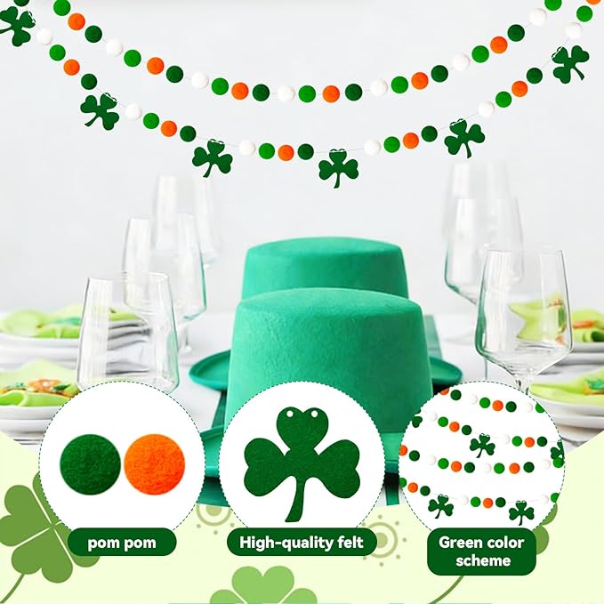 4 Pack 26.3 Feet St Patricks Day Shamrock Decorations Pom Pom Garland, Green White Orange 30 Balls St. Patrick's Day Felt Garlands for Irish Holiday Party Festivals Room Hanging Decorations