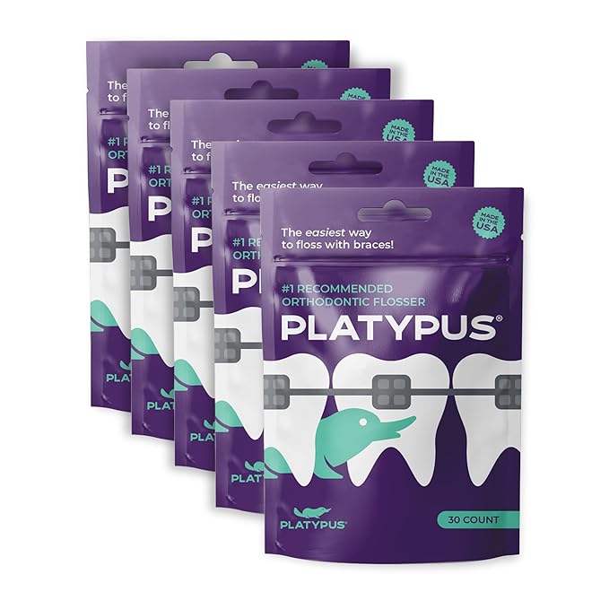 Platypus Orthodontic Flossers for Braces, 30 Count (Pack of 5), Ortho Picks for Adults & Kids, Fits Under Arch Wire, Non-Damaging, Encourage Flossing Habits