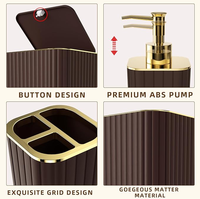 Bathroom Accessories Set - Gorgeous Bathroom Set, 10PC Brown Bathroom Accessories, Bathroom Accessory Set, Toilet Brush, Trash Can, Qtip Holder Dispenser & Soap Dispenser