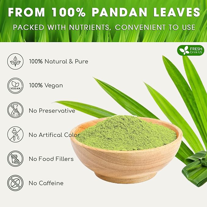FreshDrinkUS, Premium 1.3oz Pandan Leaf Powder, 100% Natural and Pure from Pandan Dried Leaves, Emerald Pandan Powder, Green Food Coloring, No Additives, No Gluten, Vegan.