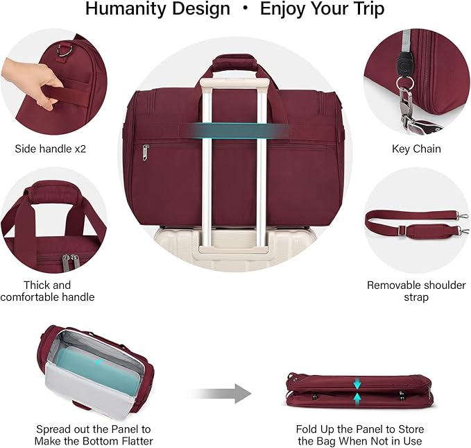 Hanke Carry On luggage Bags for Travel, Large Foldable Duffle Bag for Travel, Softside Lightweight Travel Bag Carry On Bags for Airplanes Women, Travel Tote Bags for Women Men.（Burgundy）