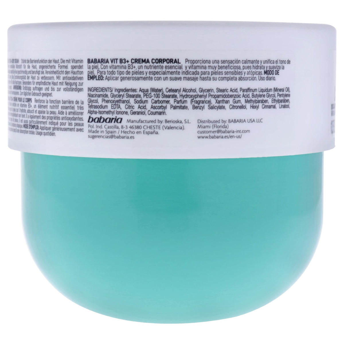 Babaria Vit B3+ Body Cream, 24 Hour Hydration, Sensitive and Atopic Skin, Essential Nourishment 13.5 FL. OZ