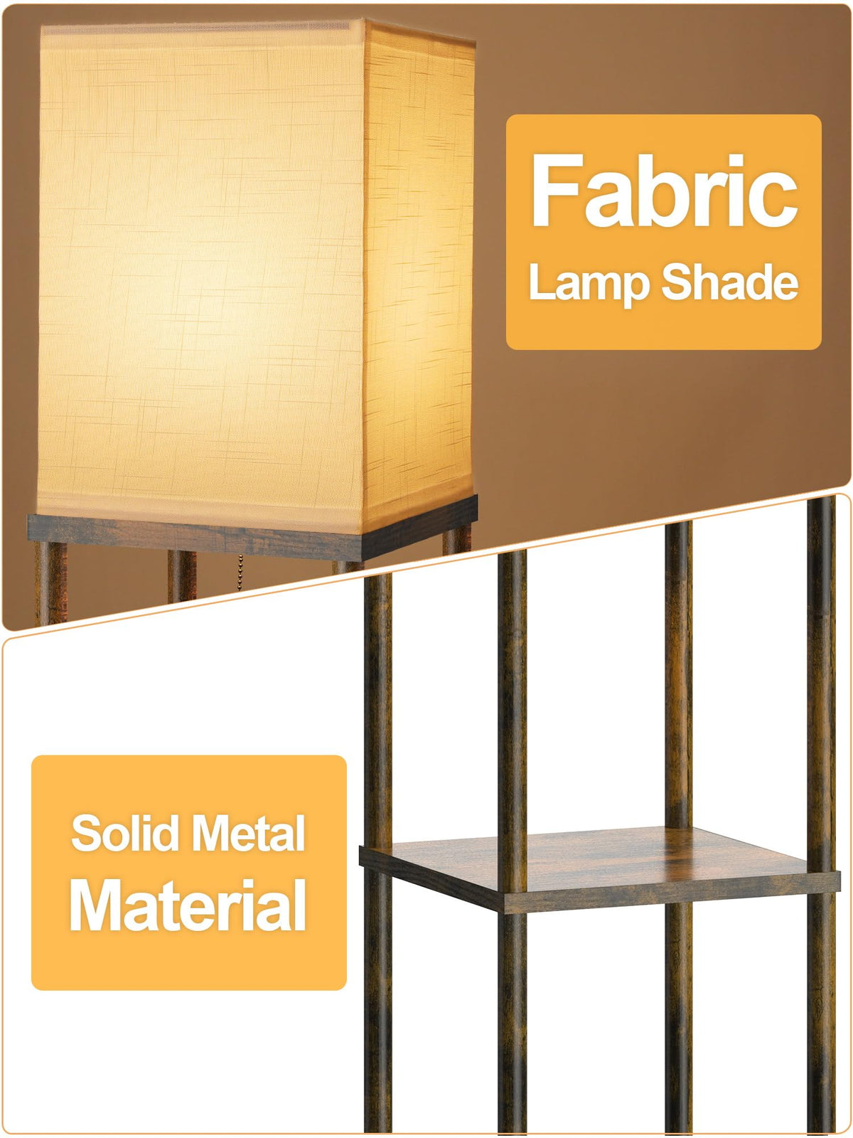 Floor Lamp with Shelves for Living Room Brown, Shelf Floor Lamp with 3 CCT LED Bulb, Corner Display Standing Column Lamp Etagere Organizer Tower Nightstand with White Linen Shade for Bedroom