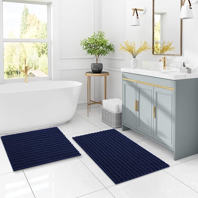 Arotive Luxury Chenille Bathroom Rug Mat, Extra Soft Thick Absorbent Shaggy Bath Rugs, Non-Slip Machine Wash Dry, Plush Bath Mats for Bathroom, Shower and Tub, 59x35, Navy