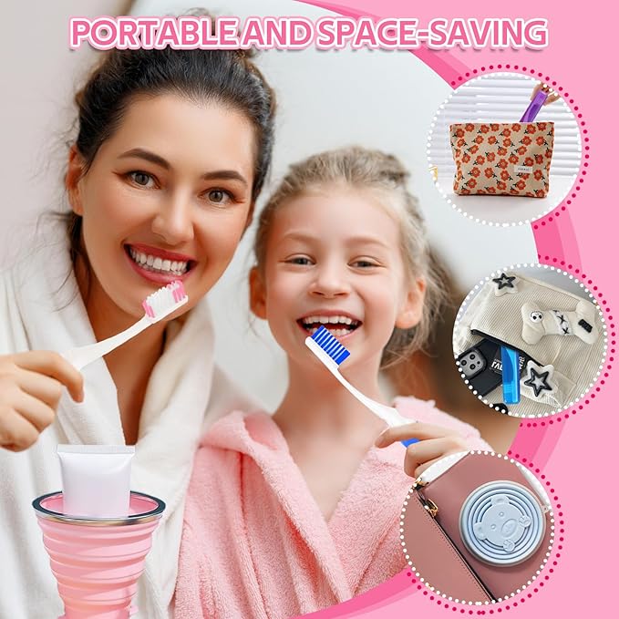 Toothbrush Travel Case, Travel Toothbrush Silicone Collapsible Toothbrush Cup, Travel Toothbrush Set Suitable for Business Camping Travel or Daily Use (Pink)